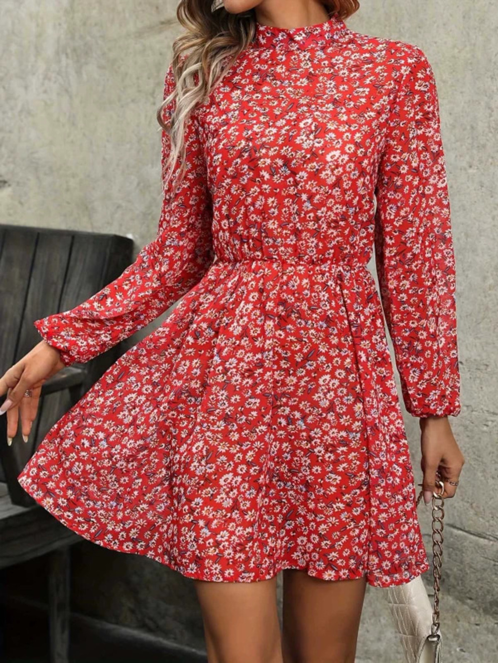 ZARA Printed Long Sleeve Round Neck Pullover Dress